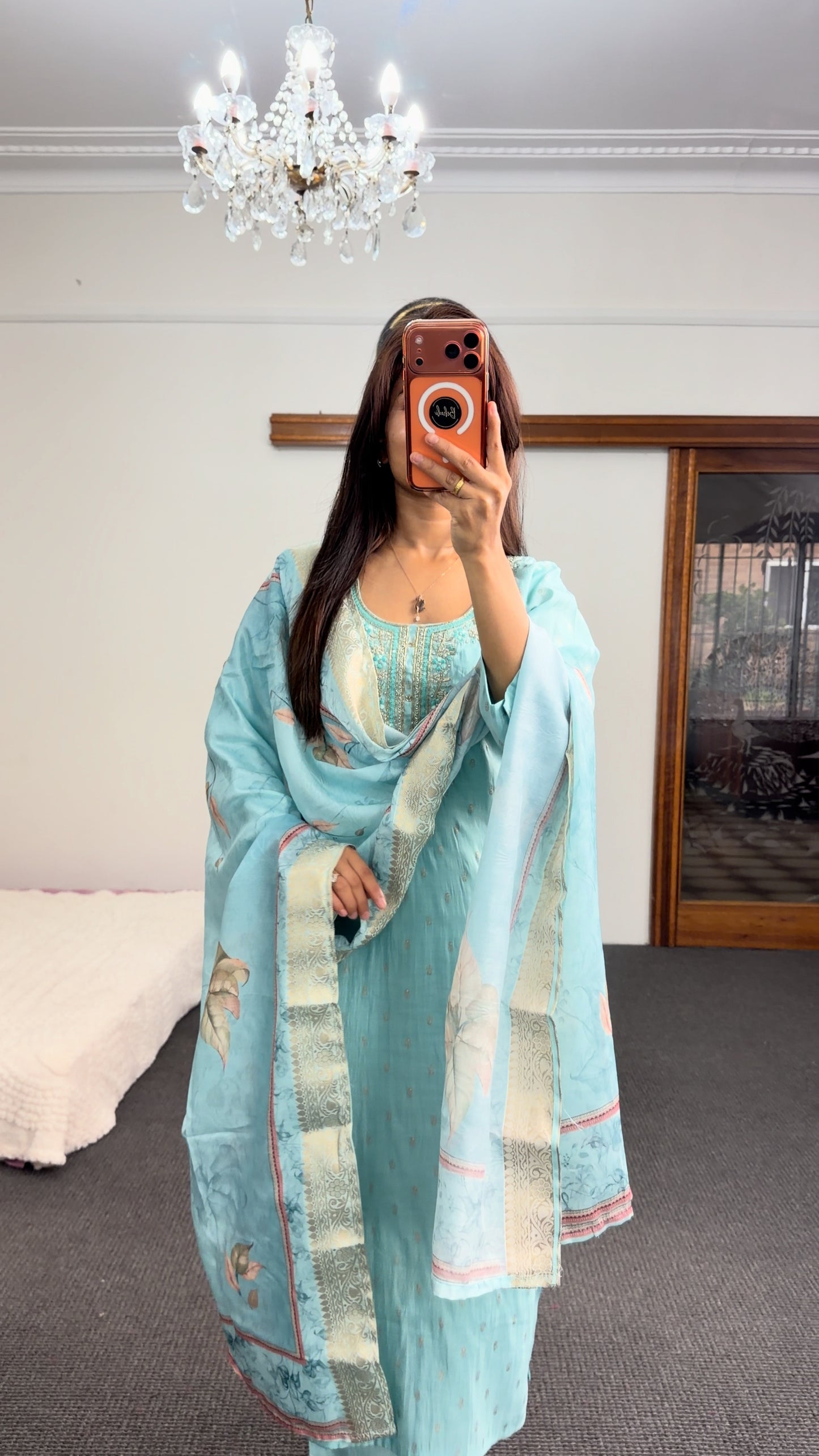 Aqua Floral Printed Palazzo Suit Set with Dupatta