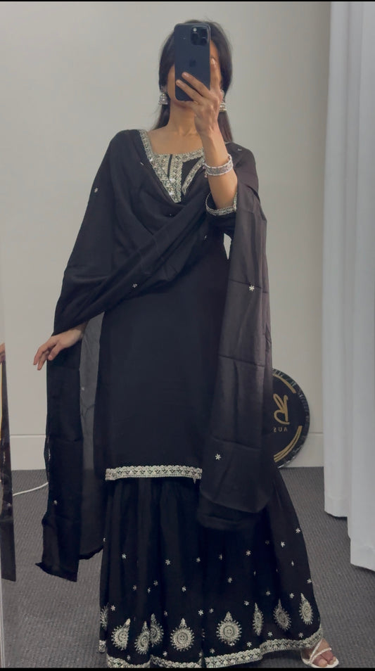 Black Sharara Suit with Gold Embroidery and Dupatta