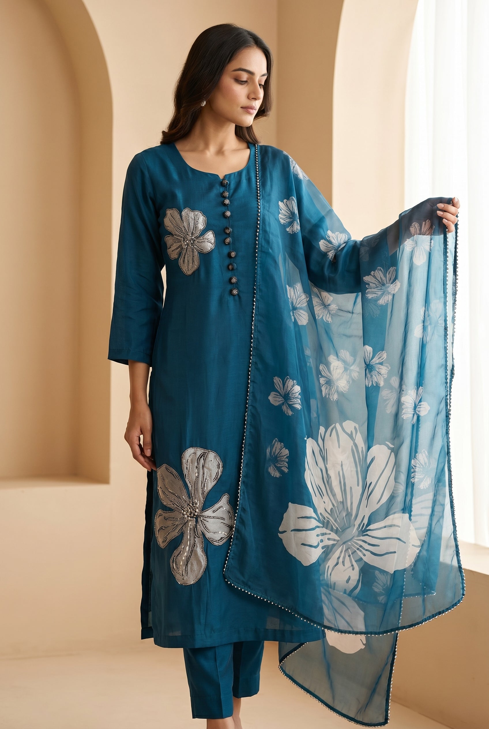 Teal Floral Embroidered Organza Kurti Set with Dupatta