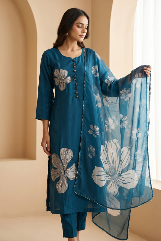 Teal Floral Embroidered Organza Kurti Set with Dupatta