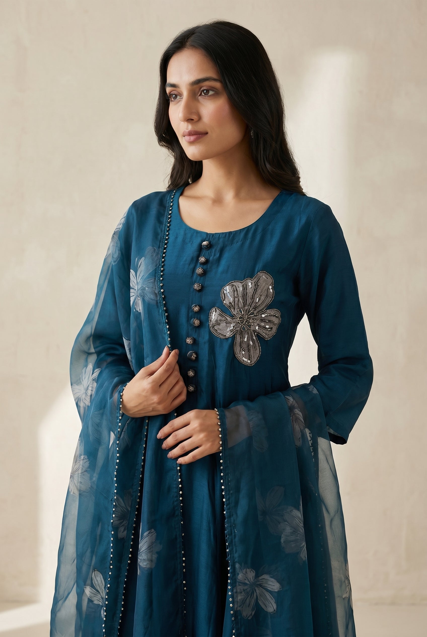Teal Floral Embroidered Organza Kurti Set with Dupatta