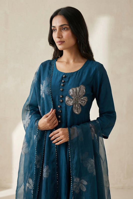 Teal Floral Embroidered Organza Kurti Set with Dupatta
