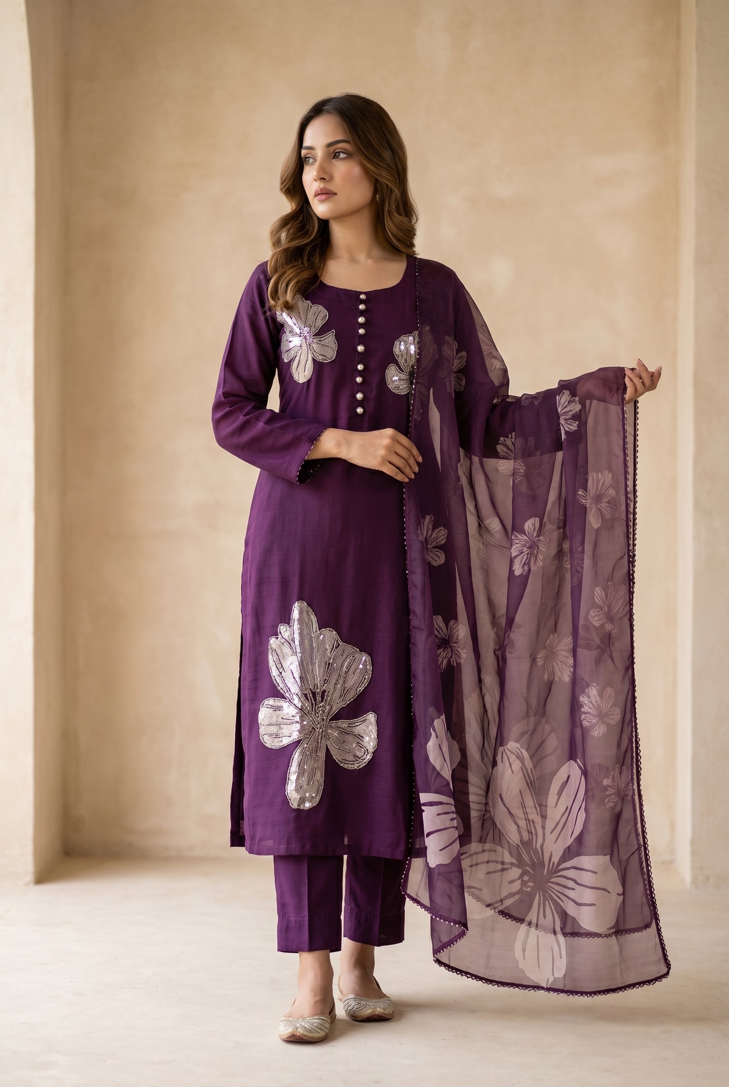 Purple Floral Embroidered Kurti Set with Dupatta