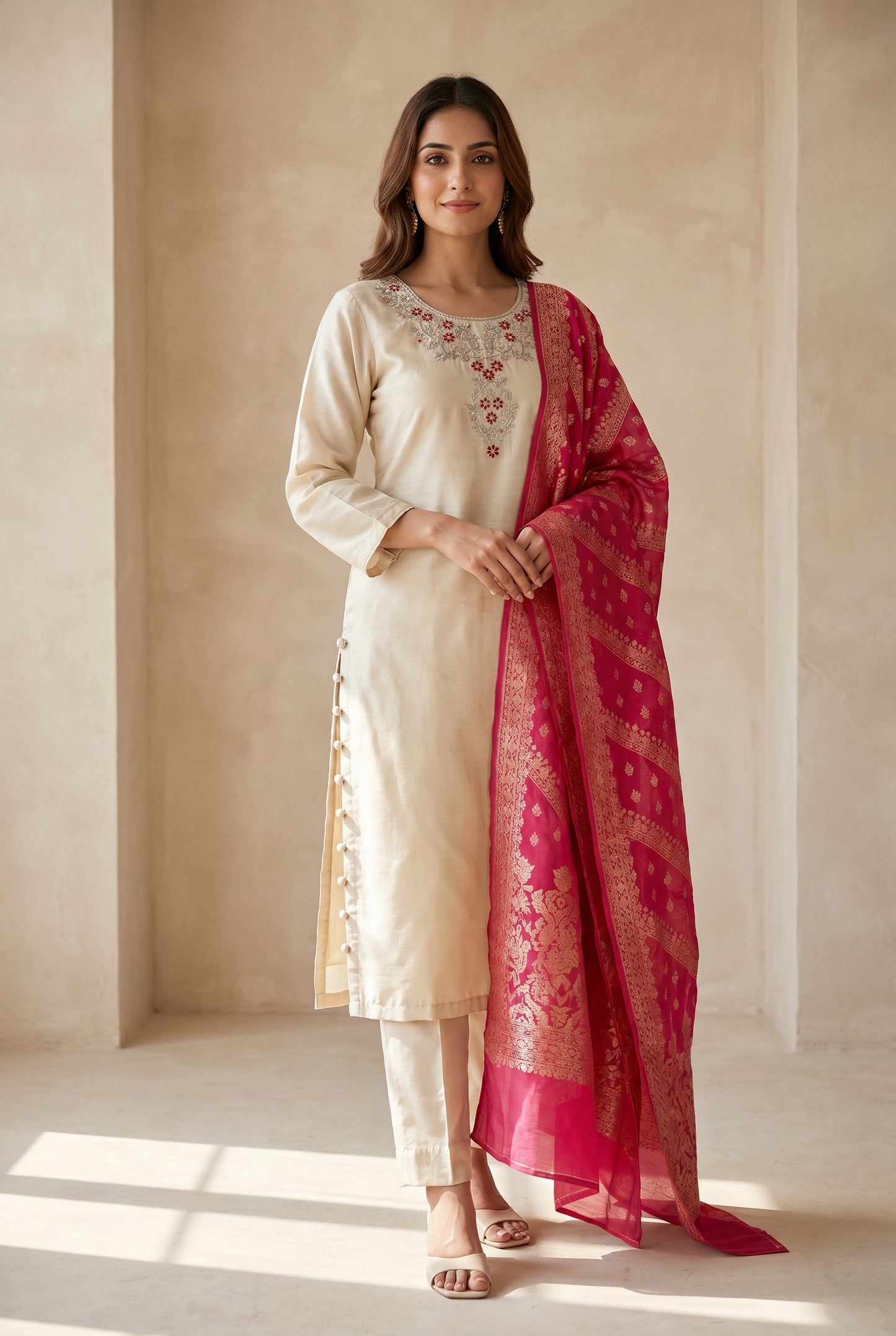Ivory Embroidered Kurti Set with Fuchsia Banarasi Dupatta