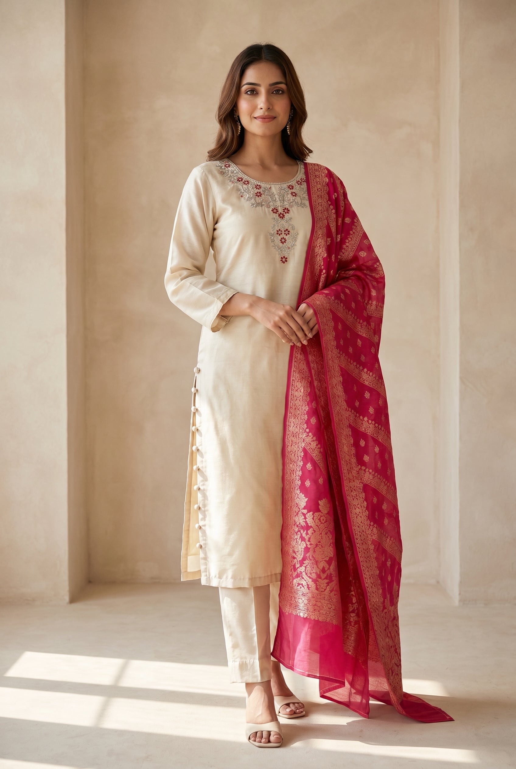 Ivory Embroidered Kurti Set with Fuchsia Banarasi Dupatta