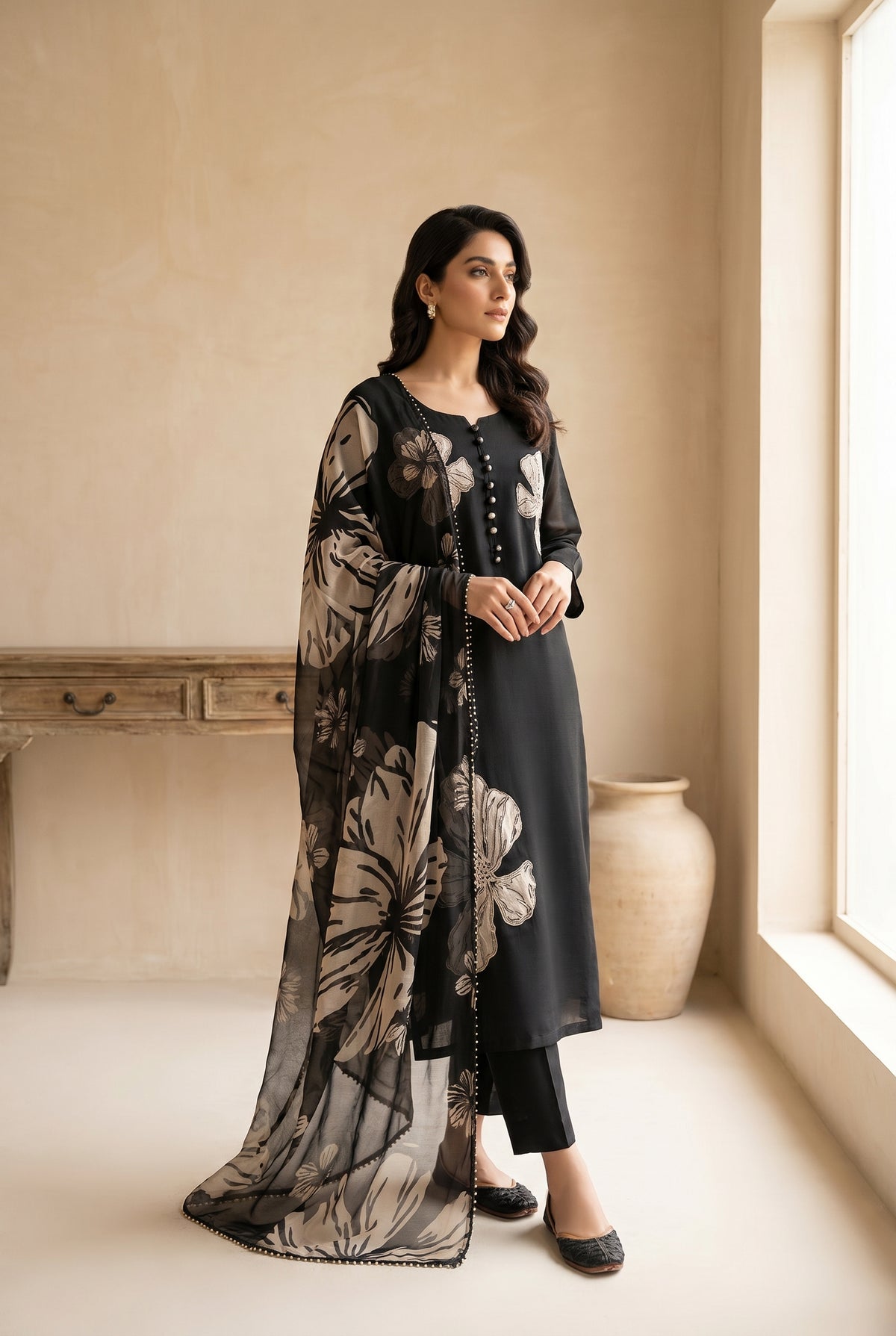 Black Floral Embroidered Kurti Set with Printed Dupatta