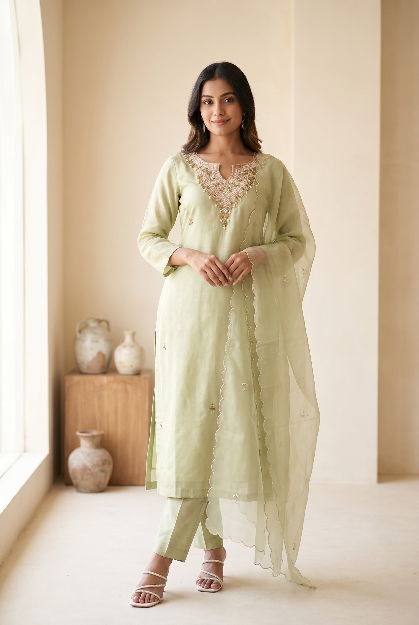 Mint Green Chanderi Kurta Set with Gota Patti Embroidery