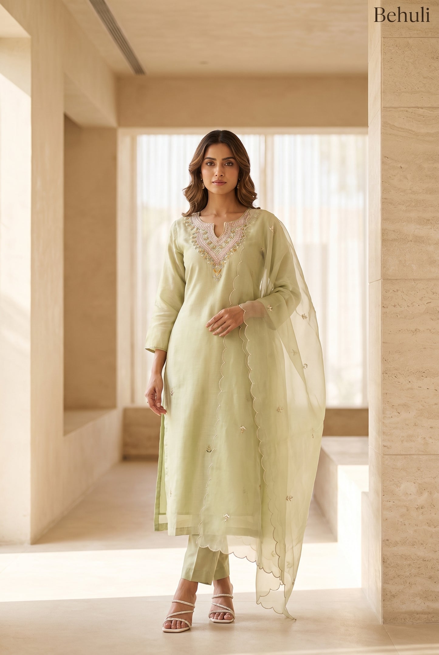 Mint Green Chanderi Kurta Set with Gota Patti Embroidery