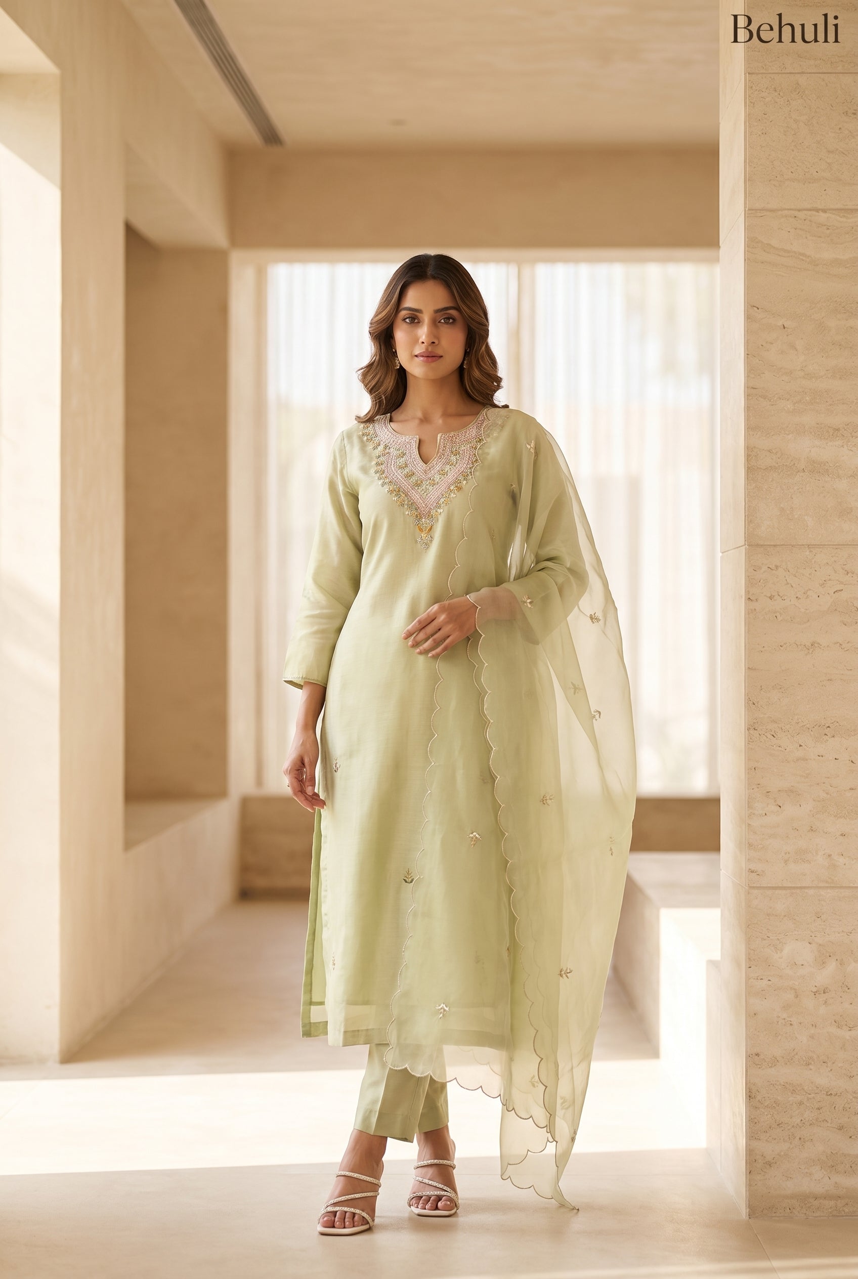 Mint Green Chanderi Kurta Set with Gota Patti Embroidery