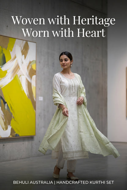 White Kurti set with mint green dupatta