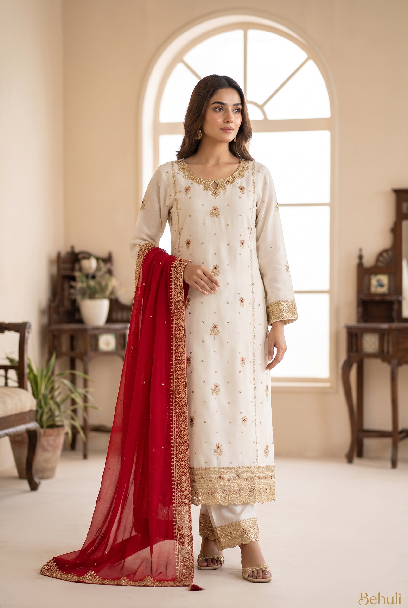 Ivory Embroidered Kurta Set with Red Dupatta