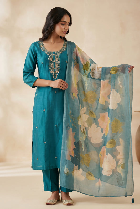 Silk Kurti set with printed dupatta