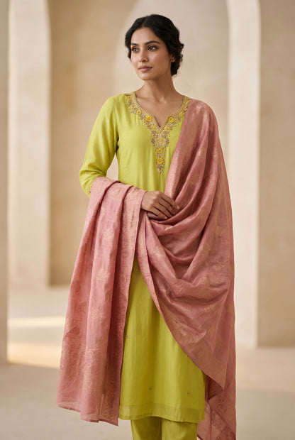 Lime & Rose Embroidered Kurti Set with Jacquard Dupatta