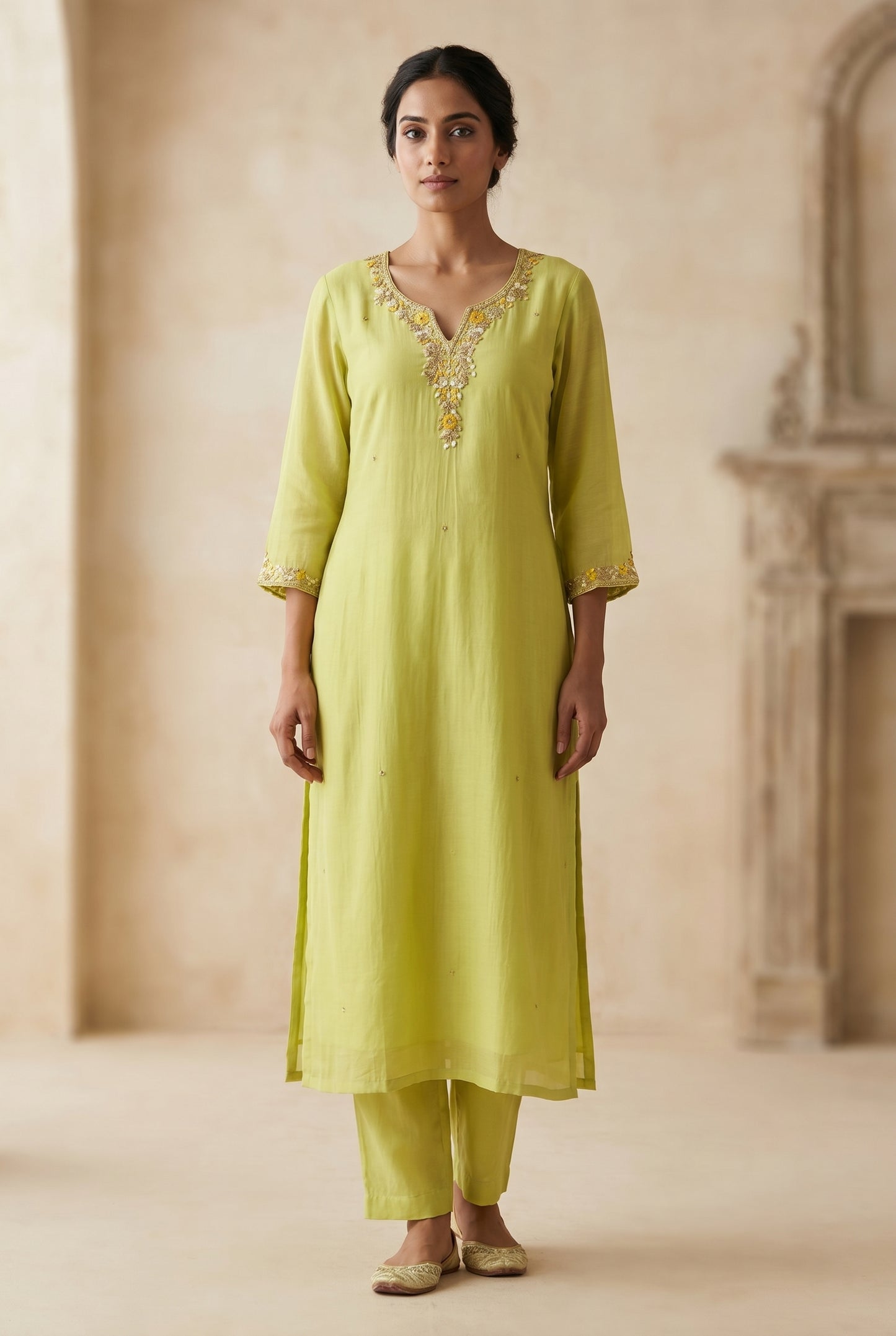 Lime & Rose Embroidered Kurti Set with Jacquard Dupatta