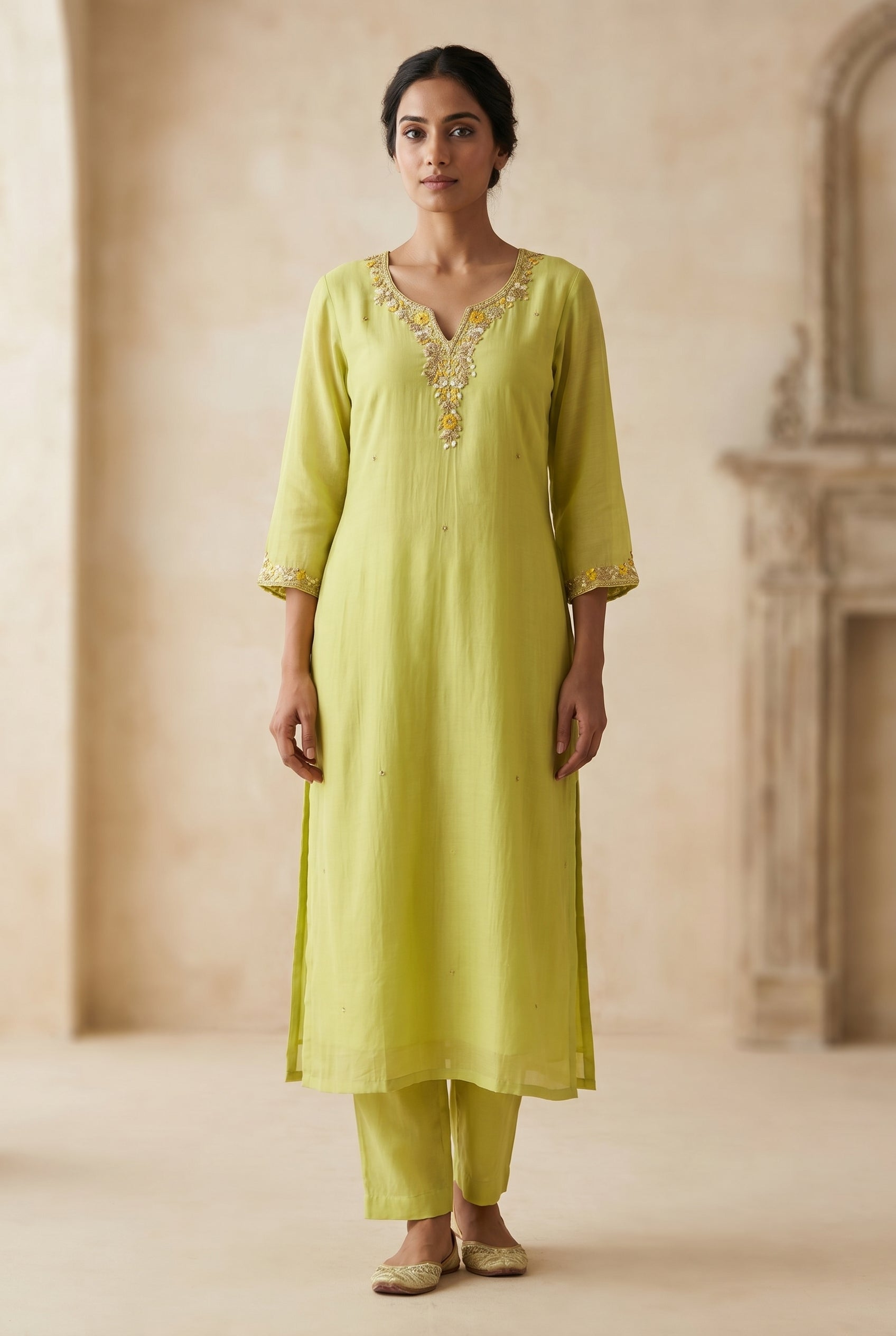 Lime & Rose Embroidered Kurti Set with Jacquard Dupatta