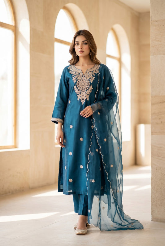 Teal Blue Embroidered Kurti Set with Organza Dupatta