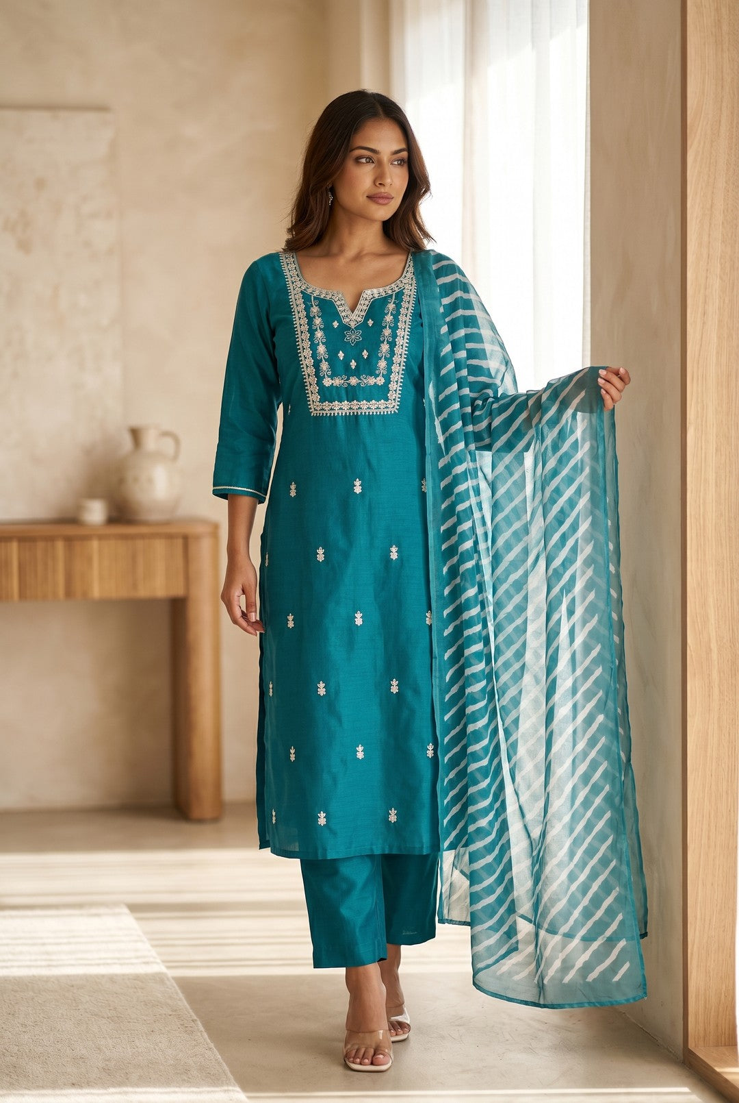 Teal Embroidered Kurti Set with Striped Dupatta