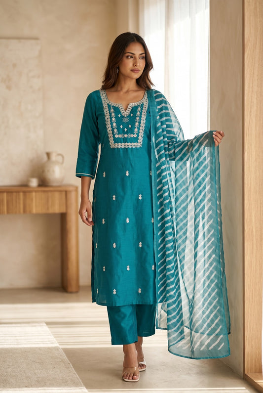 Teal Embroidered Kurti Set with Striped Dupatta