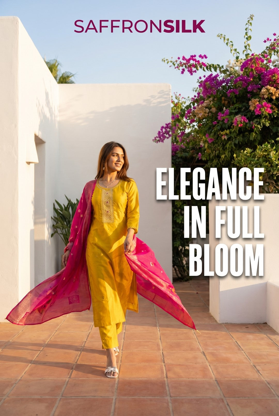 Yellow Dola silk Kurti with rani pink dupatta