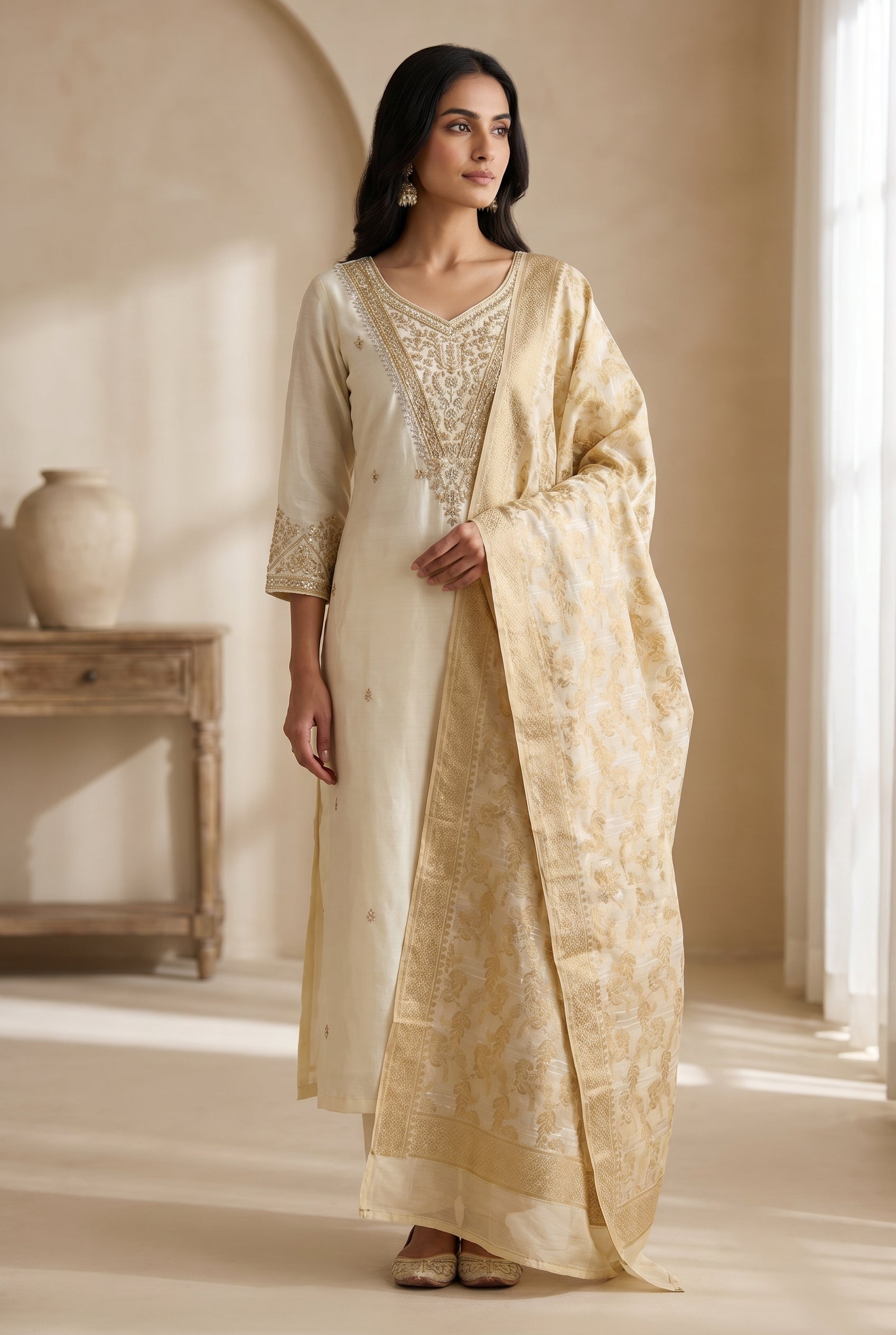 Ivory Embroidered Silk Kurta Set with Gold Brocade Dupatta