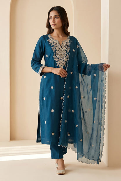 Teal Blue Embroidered Kurti Set with Organza Dupatta