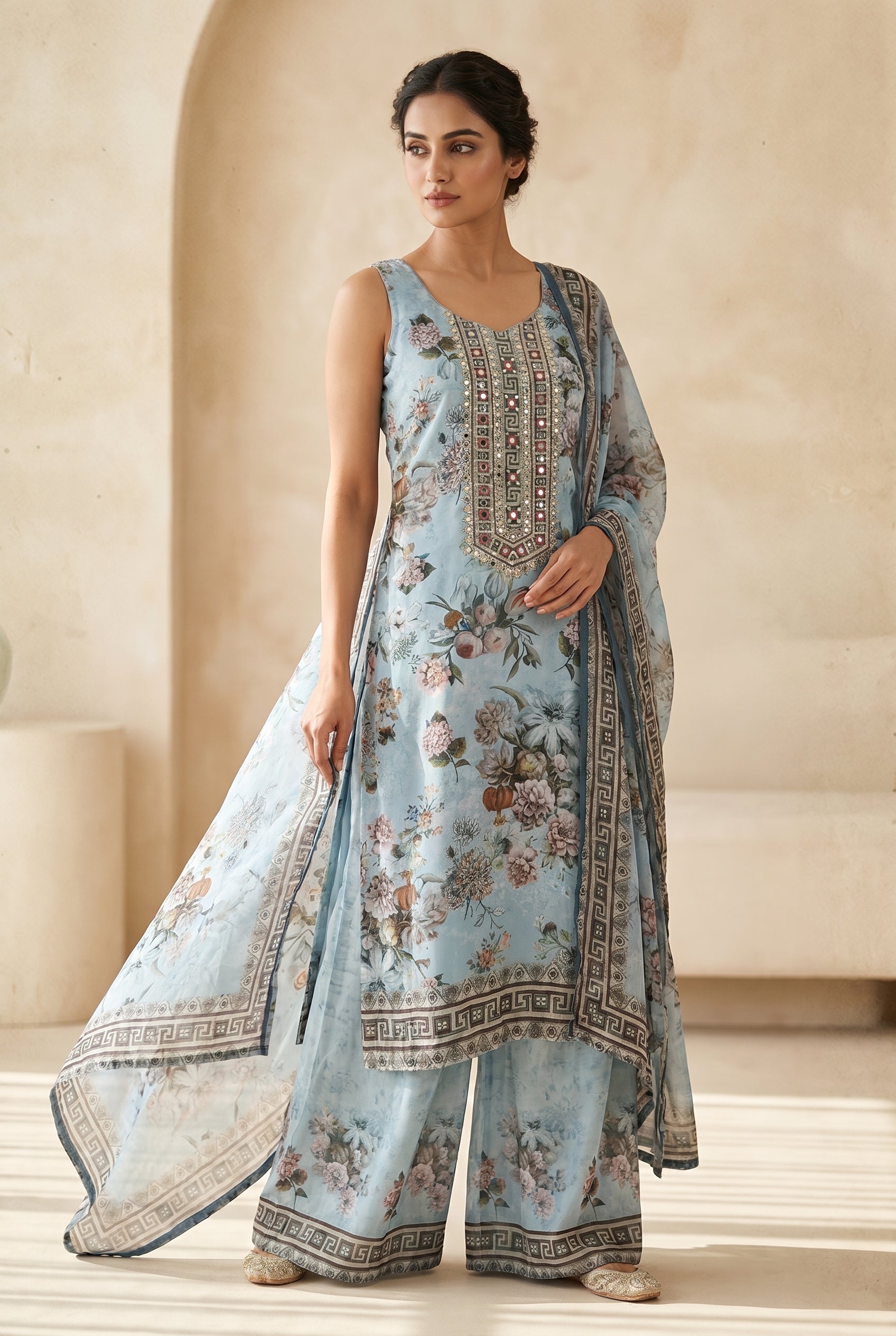 Powder Blue Floral Palazzo Suit with Floral Dupatta