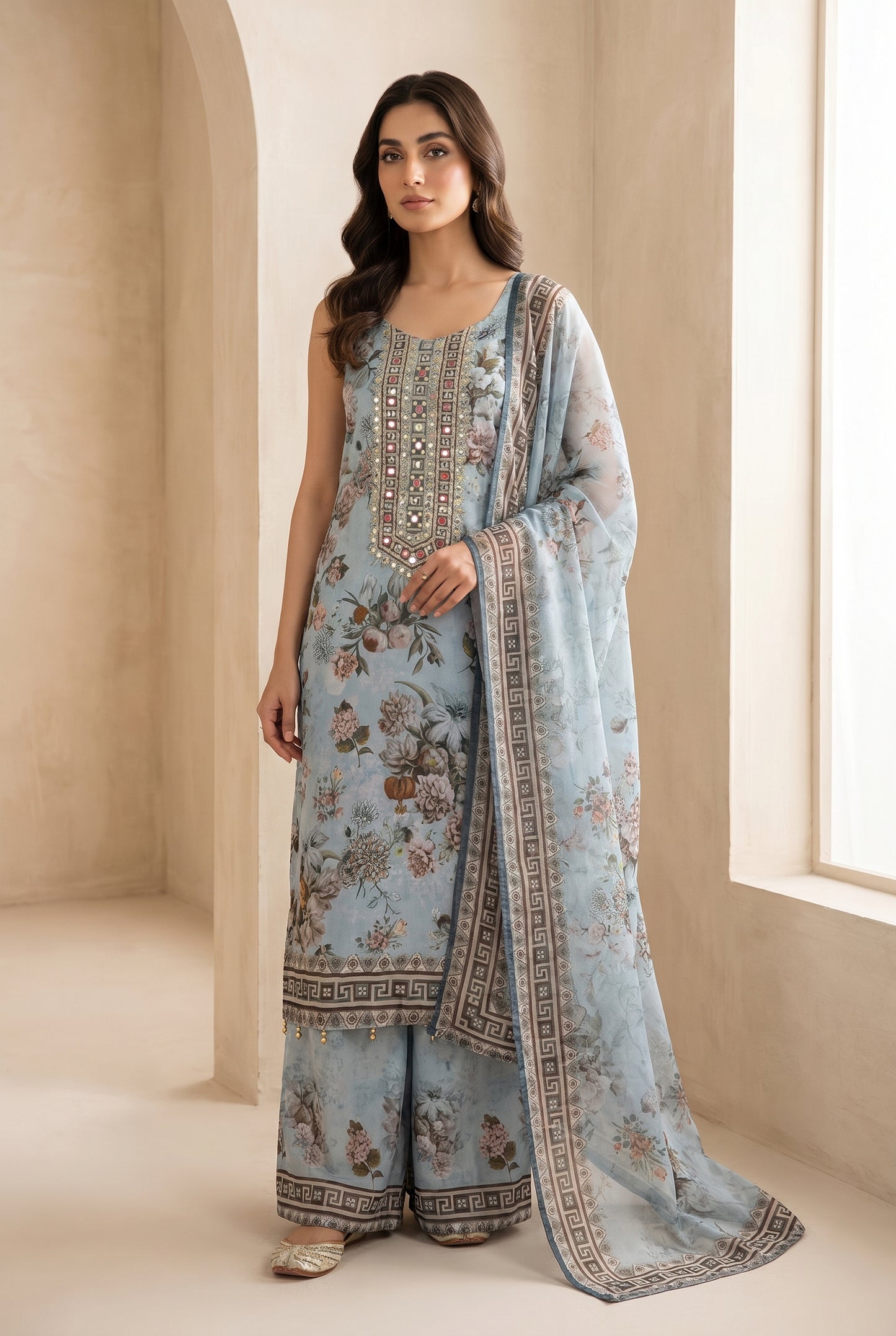 Powder Blue Floral Palazzo Suit with Floral Dupatta