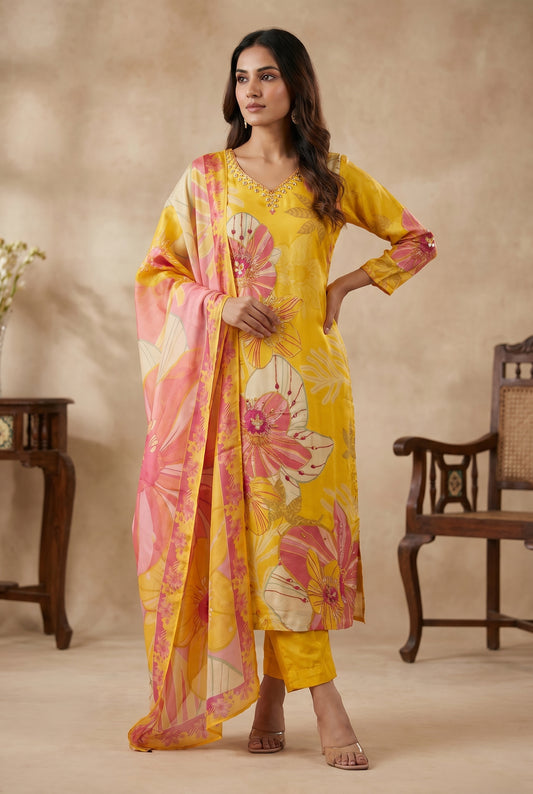 Flower printed crape silk Kurti set