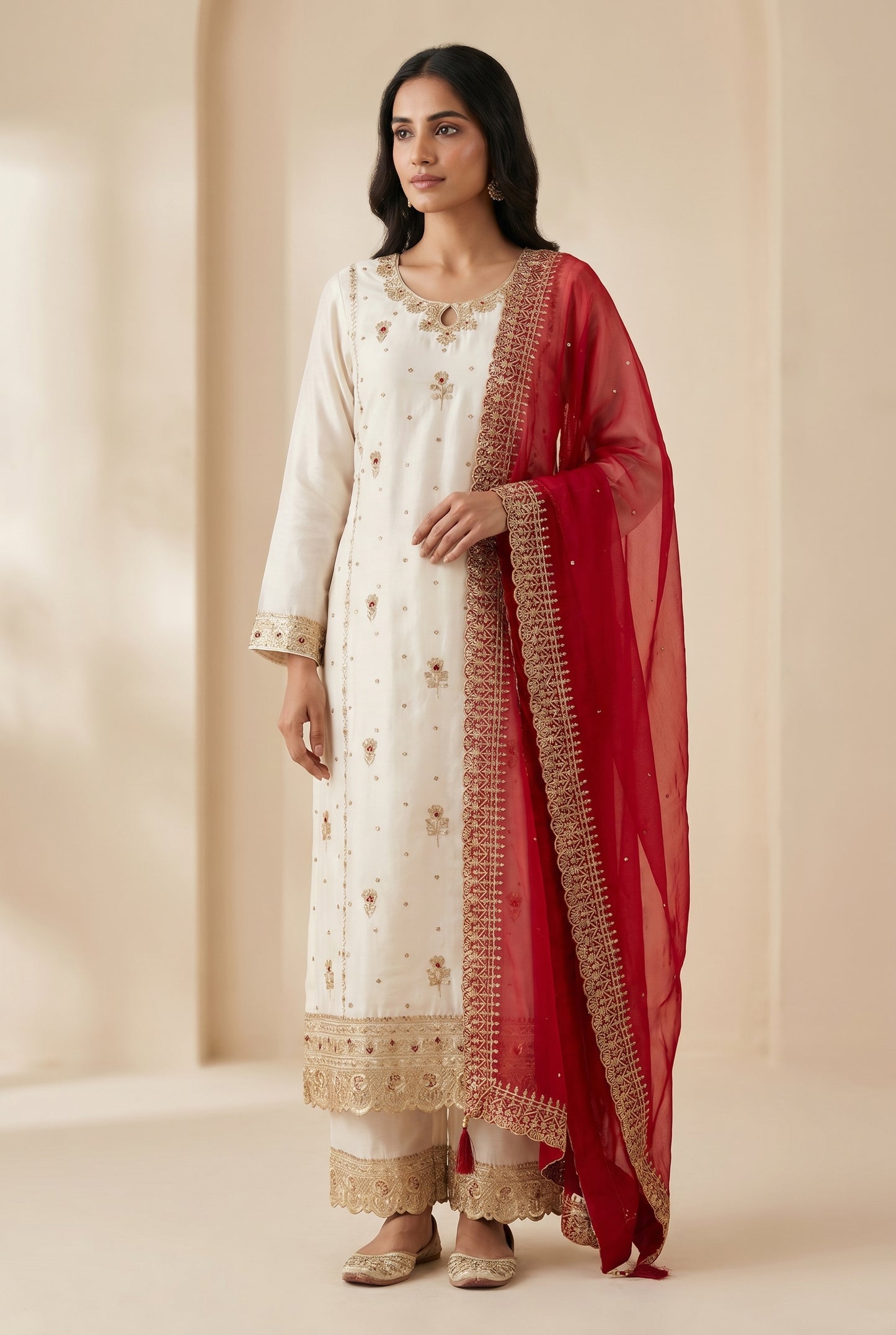 Ivory Embroidered Kurta Set with Red Dupatta