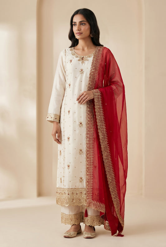 Ivory Embroidered Kurta Set with Red Dupatta