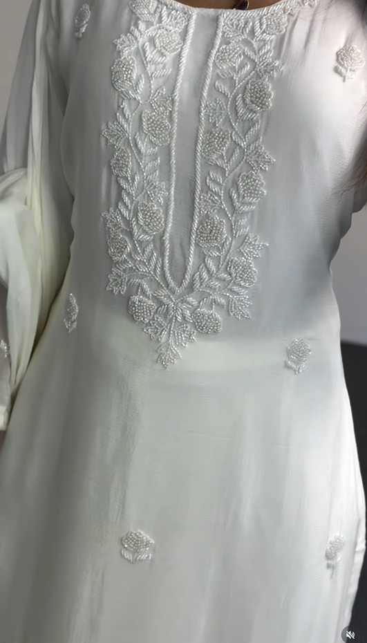 White Embroidered Palazzo Suit Set with Cutout Neckline