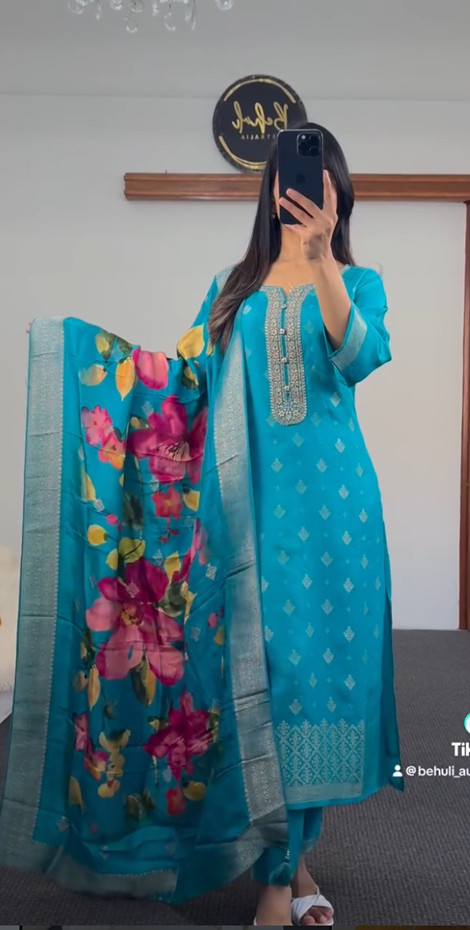 Turquoise Blue Kurti Set with Embroidered Neckline & Floral Dupatta