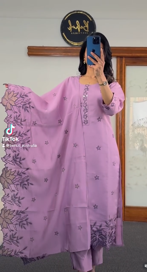 Lavender Embroidered Kurti Set with Floral Chikankari