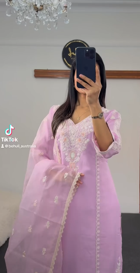 Lilac Embroidered Kurti Set with White Chikankari Detail