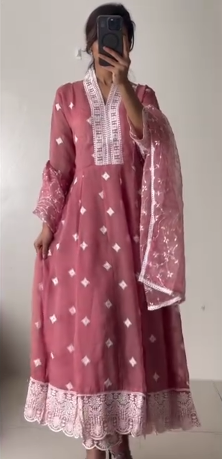 Dusty Rose Embroidered Anarkali Set with Sheer Dupatta
