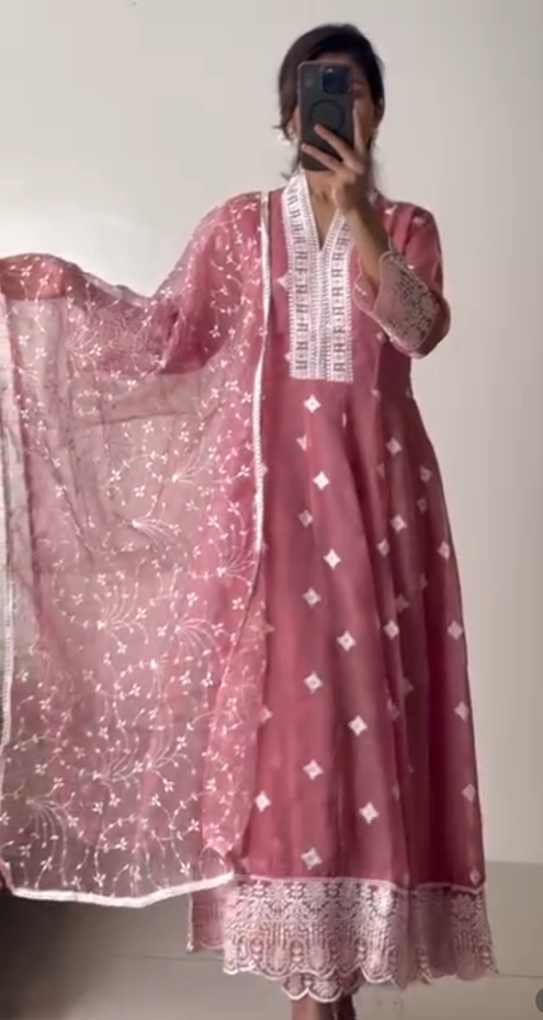 Dusty Rose Embroidered Anarkali Set with Sheer Dupatta