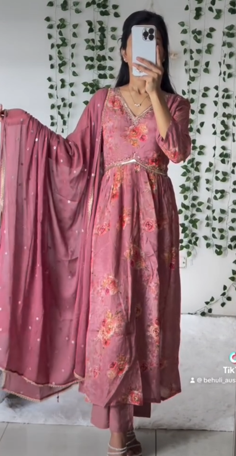 Dusty Rose Floral Anarkali Suit with Embellished Dupatta