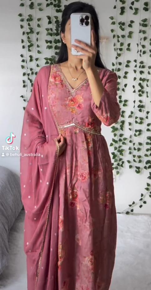 Dusty Rose Floral Anarkali Suit with Embellished Dupatta