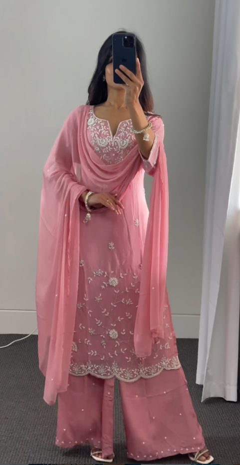 Rose Pink Organza Palazzo Suit with Floral Embroidery