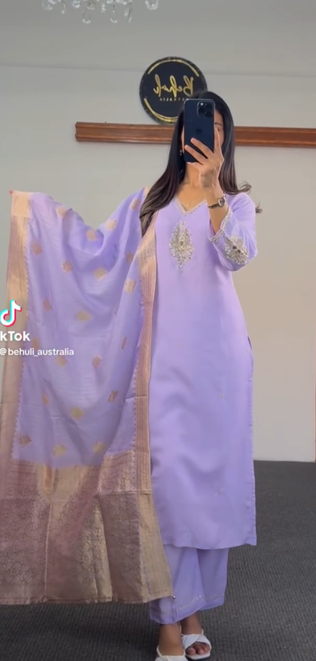 Lavender Silk Kurti Set with Gold Zari Embroidery