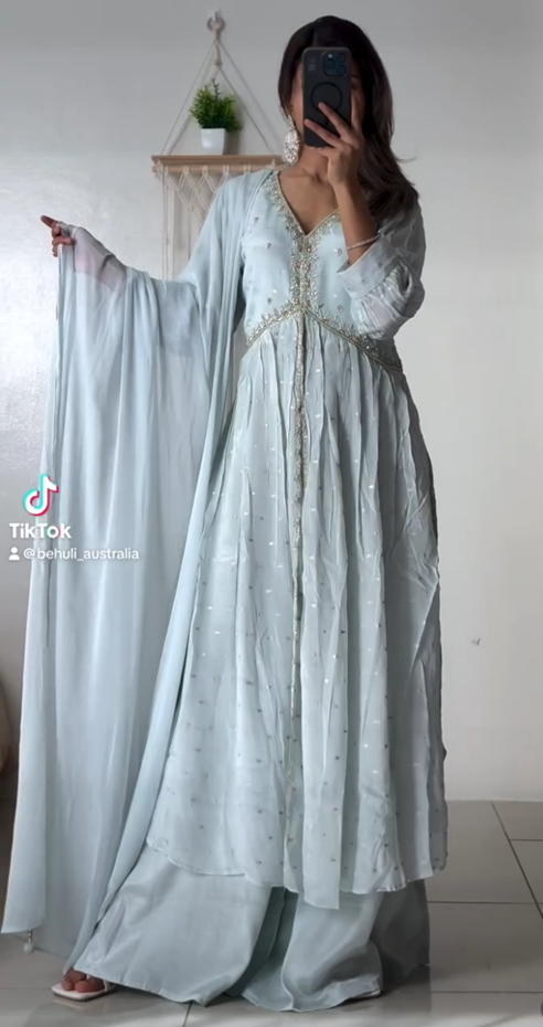 Powder Blue Palazzo Suit Set with Embellished V-Neckline