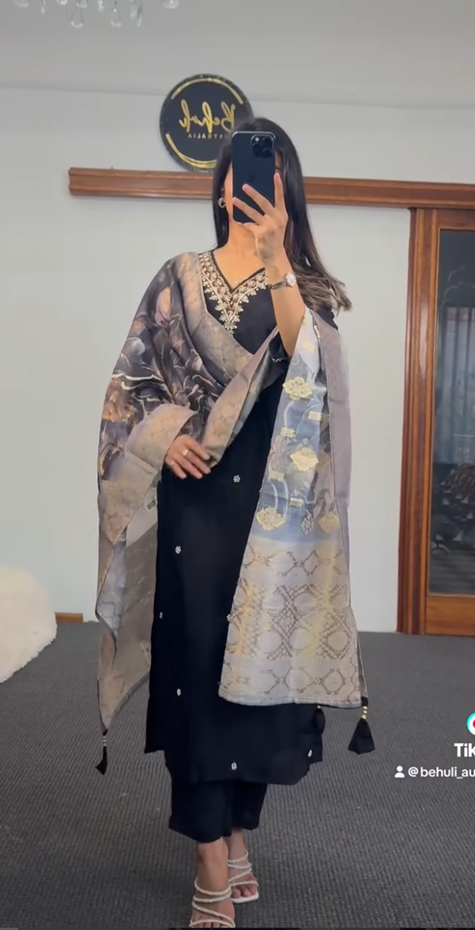 Black Silk Kurti Set with Floral Organza Dupatta