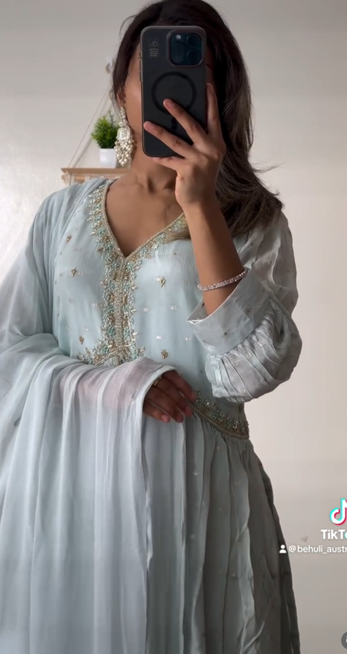 Powder Blue Palazzo Suit Set with Embellished V-Neckline