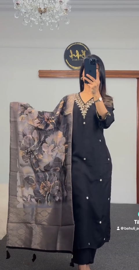 Black Silk Kurti Set with Floral Organza Dupatta