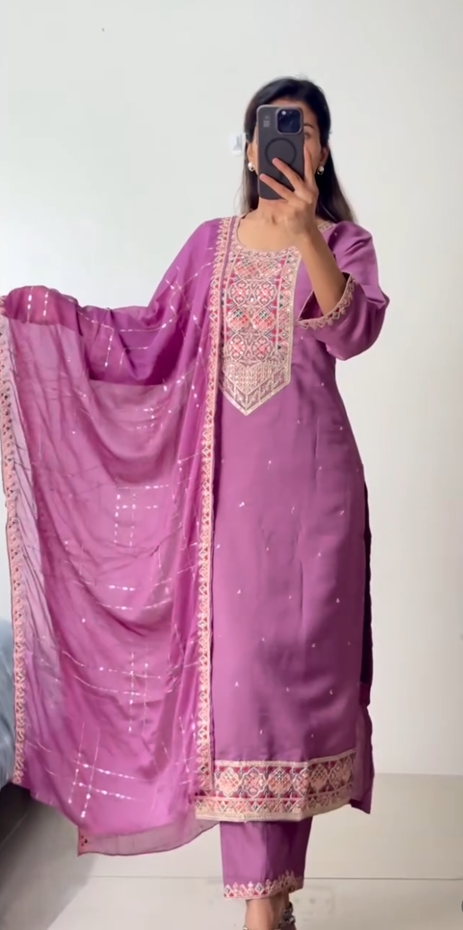 Purple Embroidered Kurti Set with Dupatta