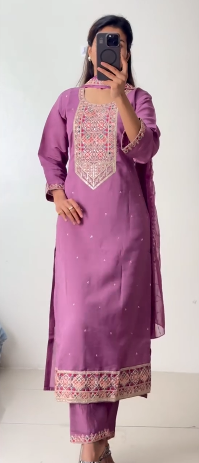 Purple Embroidered Kurti Set with Dupatta