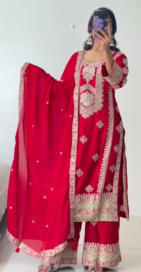 Red Chinon Silk heavy kurthi Set with Gold Zari Embroidery