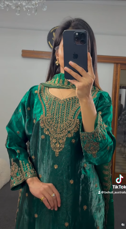 Emerald Green Silk Palazzo Suit Set with Gold Embroidery
