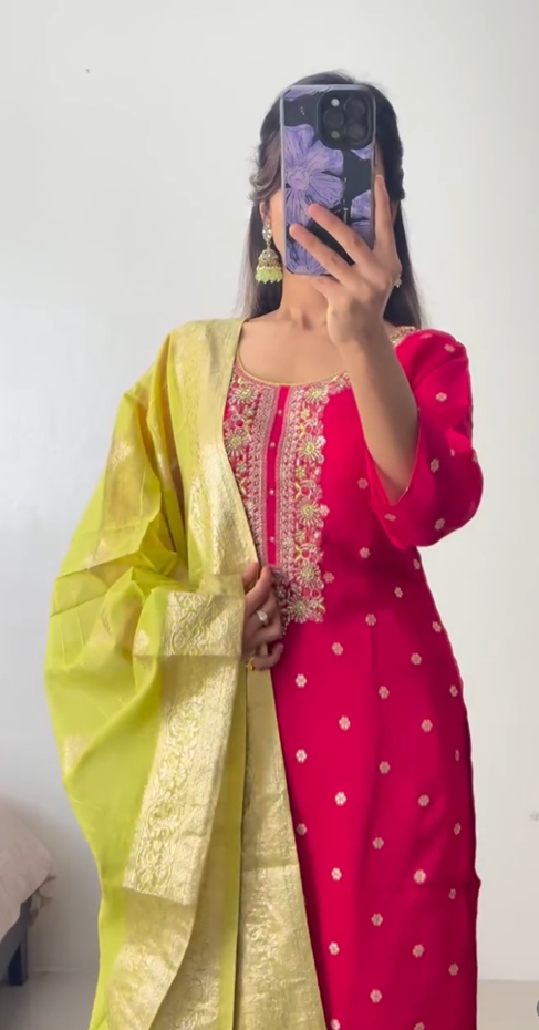 Fuchsia Pink & Lime Green Embroidered Kurti Set with Dupatta