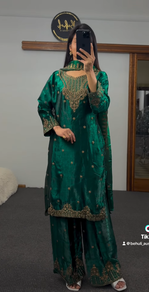 Emerald Green Silk Palazzo Suit Set with Gold Embroidery